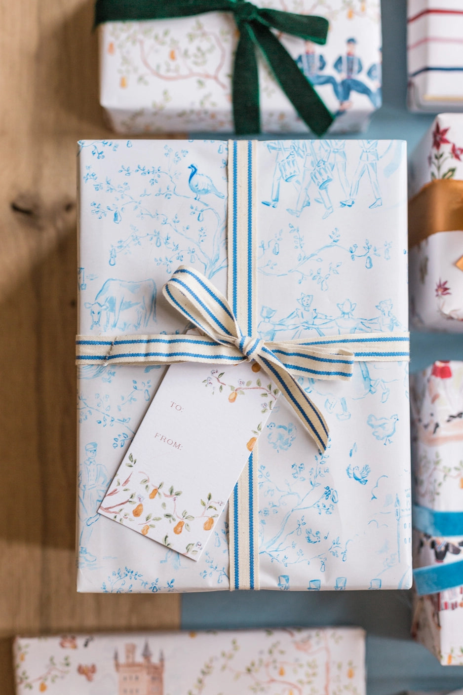 Christmas Toile Wrapping Paper Sheets - Blue